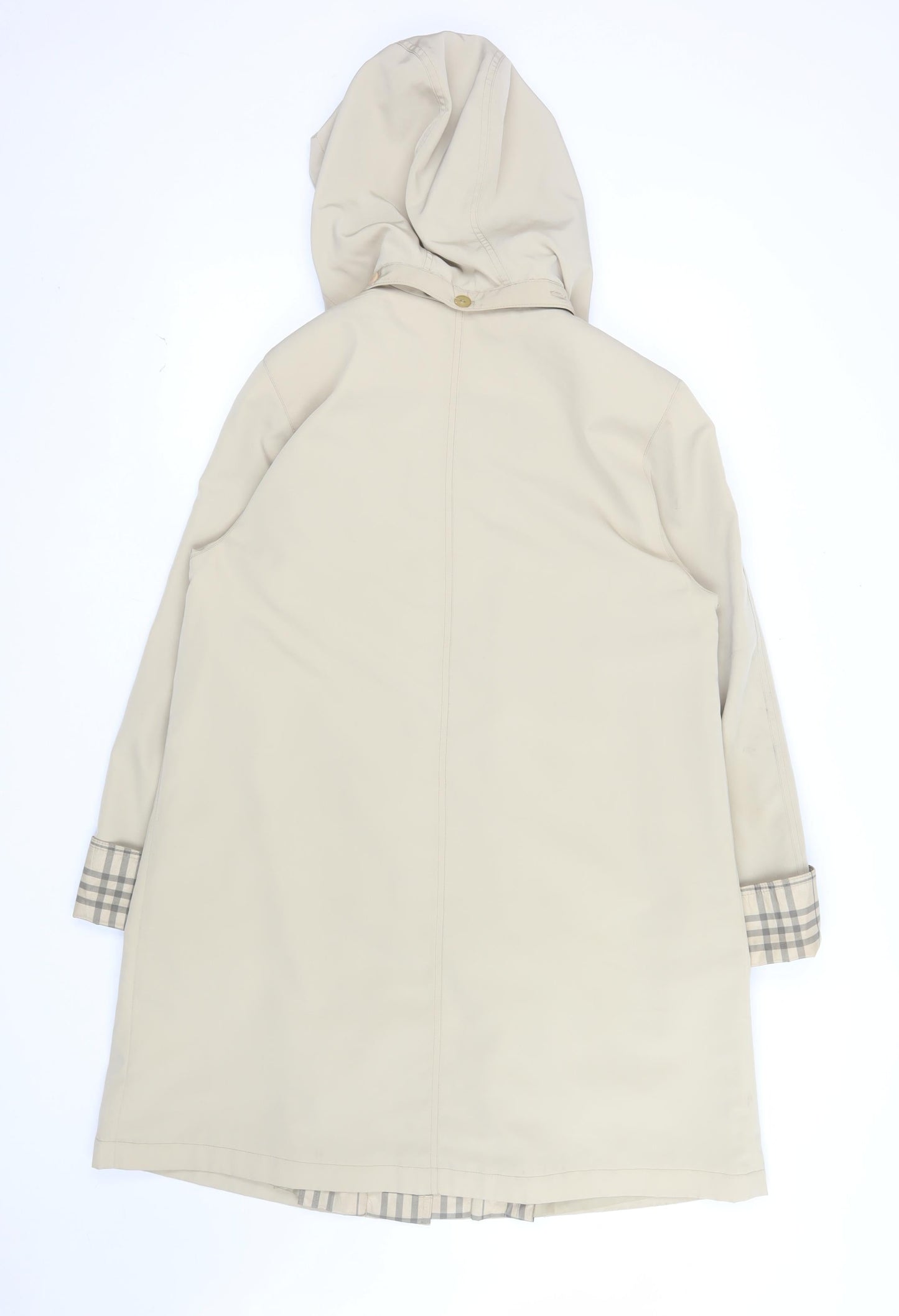 Jacques Vert Women Beige Rain Coat Hooded Long Check Lined Size M