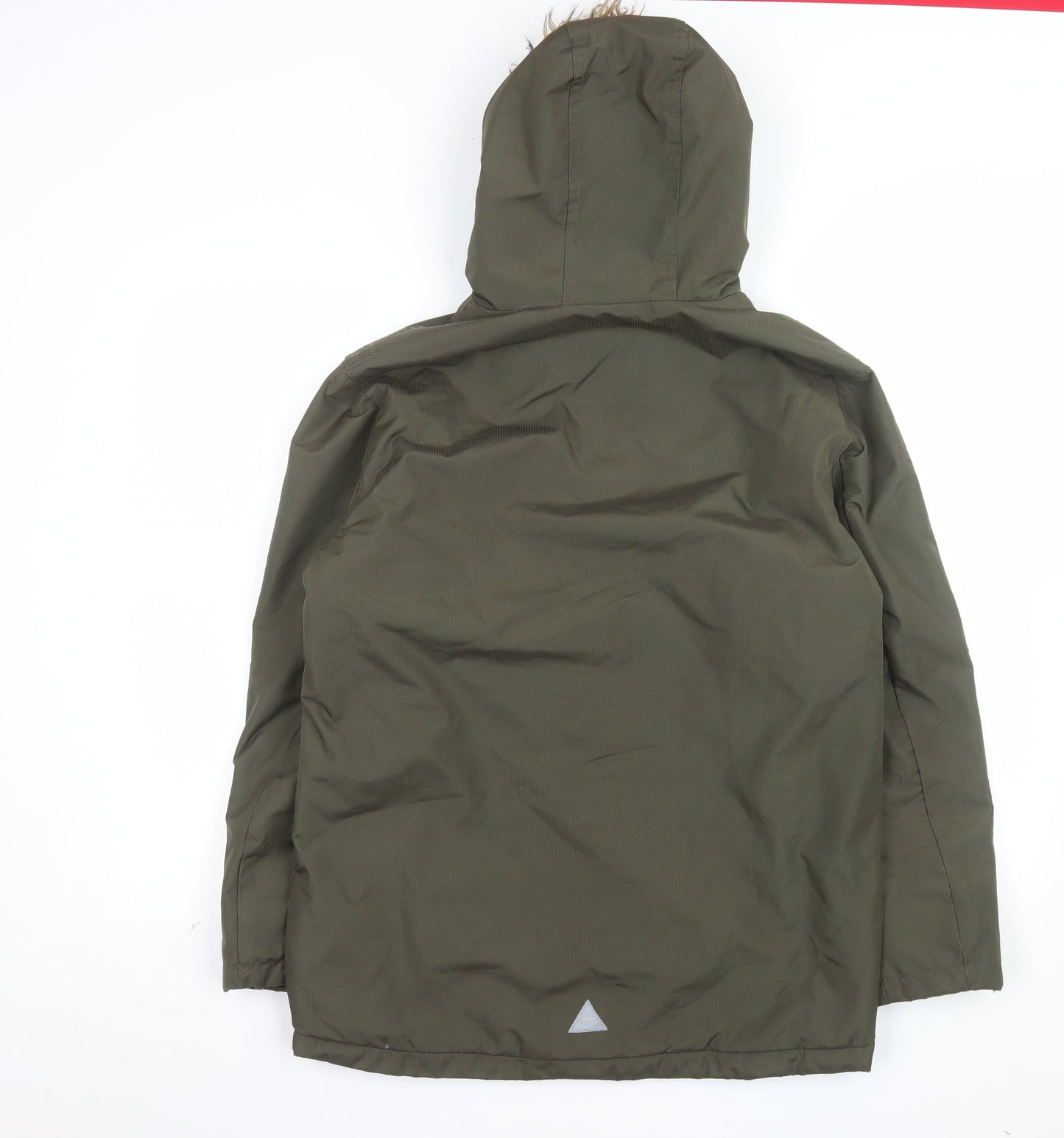 BHS Boys Green Hooded Parka Coat Age 13-14 Years Faux Fur Trim Winter Jacket