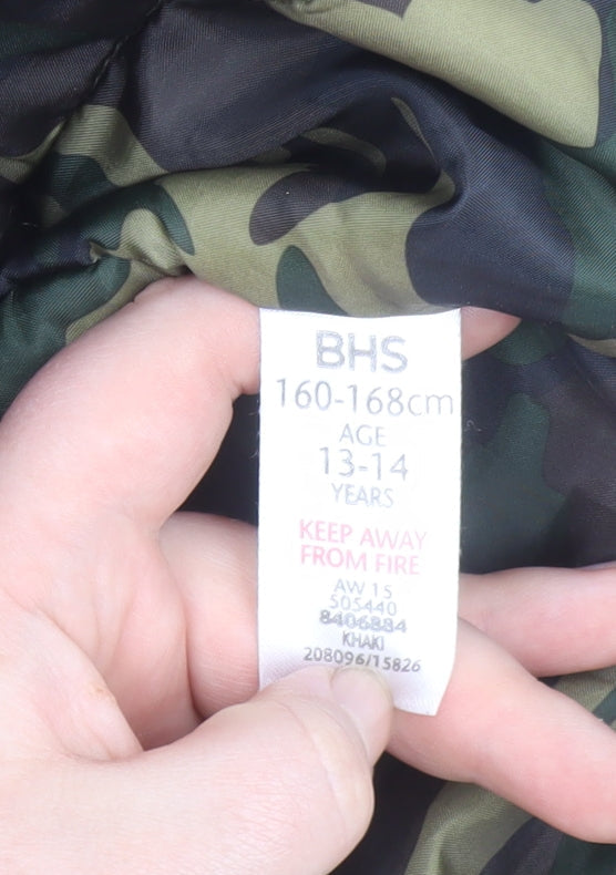 BHS Boys Green Hooded Parka Coat Age 13-14 Years Faux Fur Trim Winter Jacket