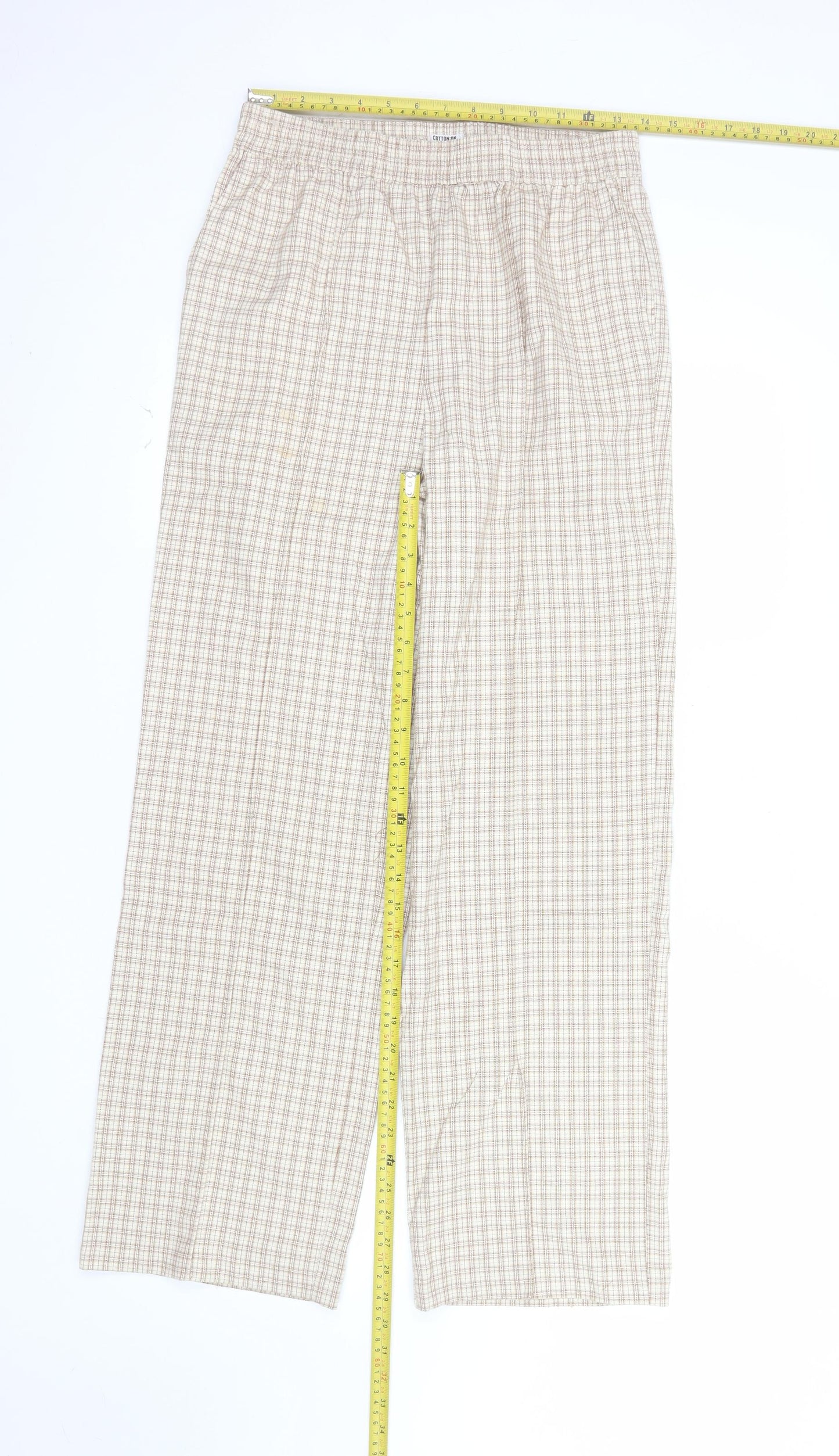 Cotton On Women's Beige Check Elastic Waist Straight Trousers Size 10