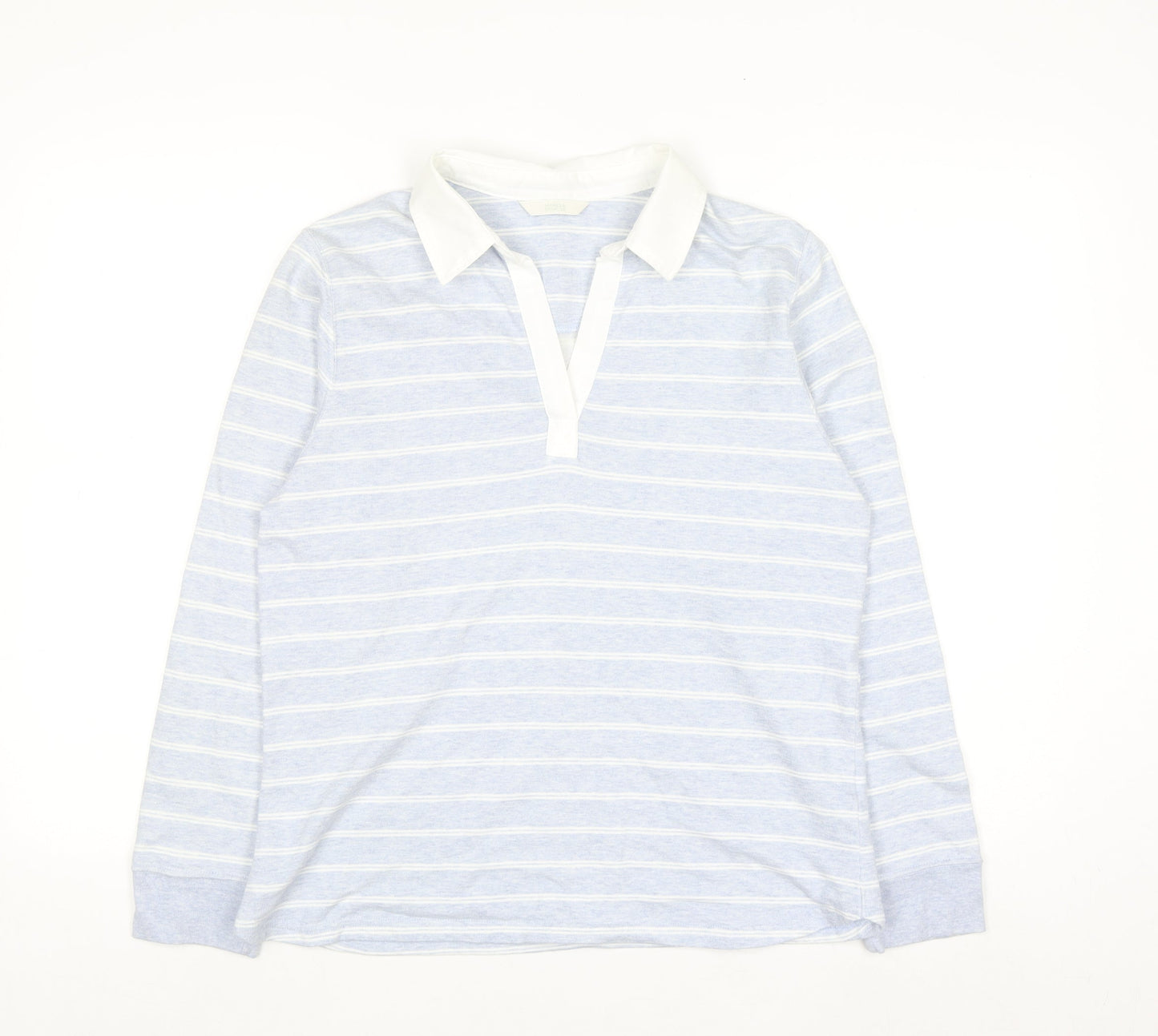 Marks and Spencer Womens Blue Striped Cotton Long Sleeve Polo Top Size 14