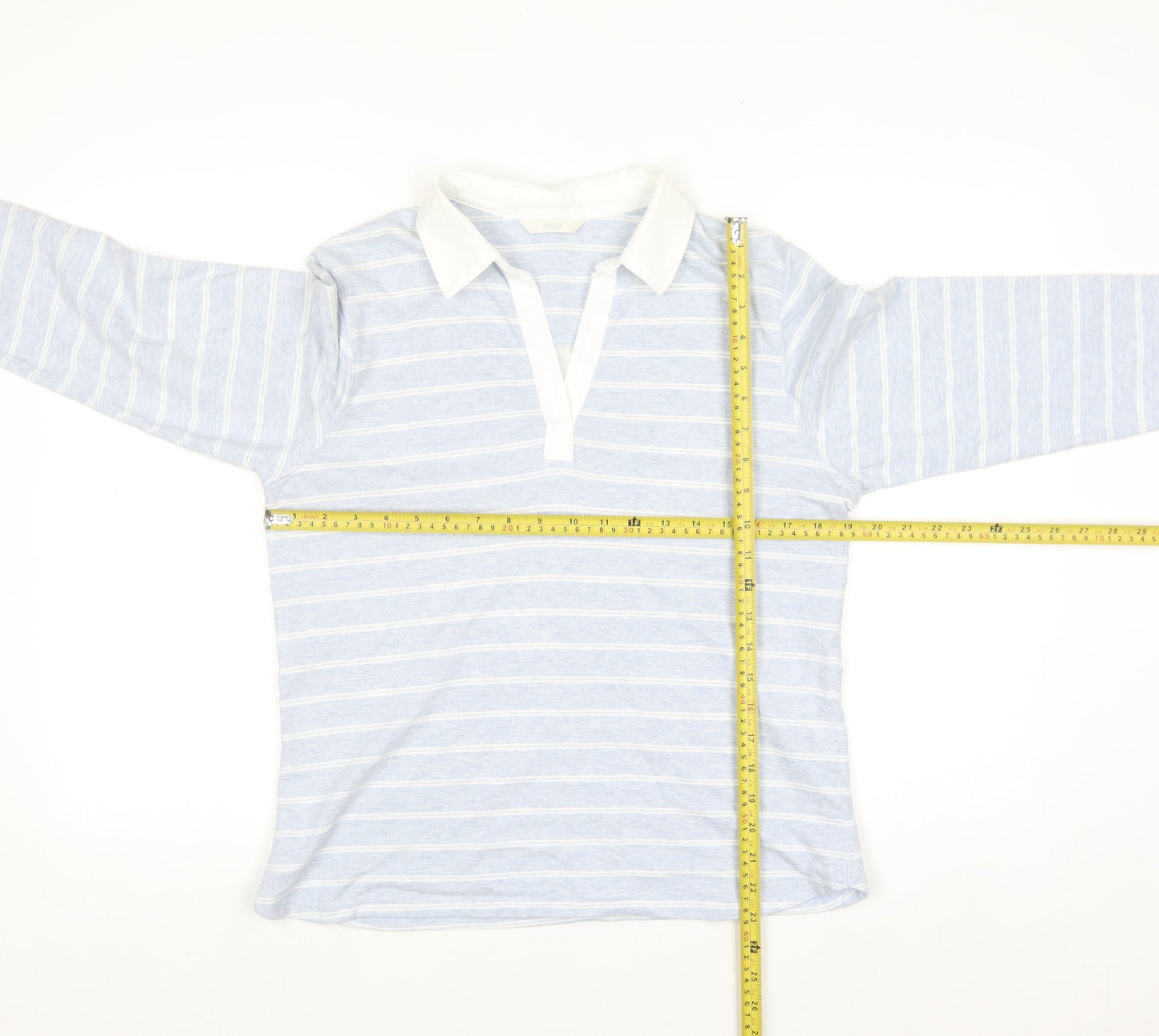 Marks and Spencer Womens Blue Striped Cotton Long Sleeve Polo Top Size 14