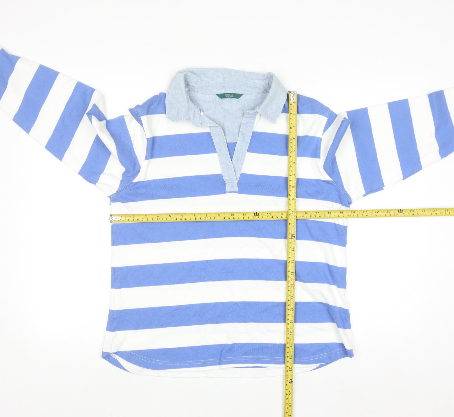 Marks and Spencer Women's Blue Striped Cotton Long Sleeve Polo Shirt Size 14
