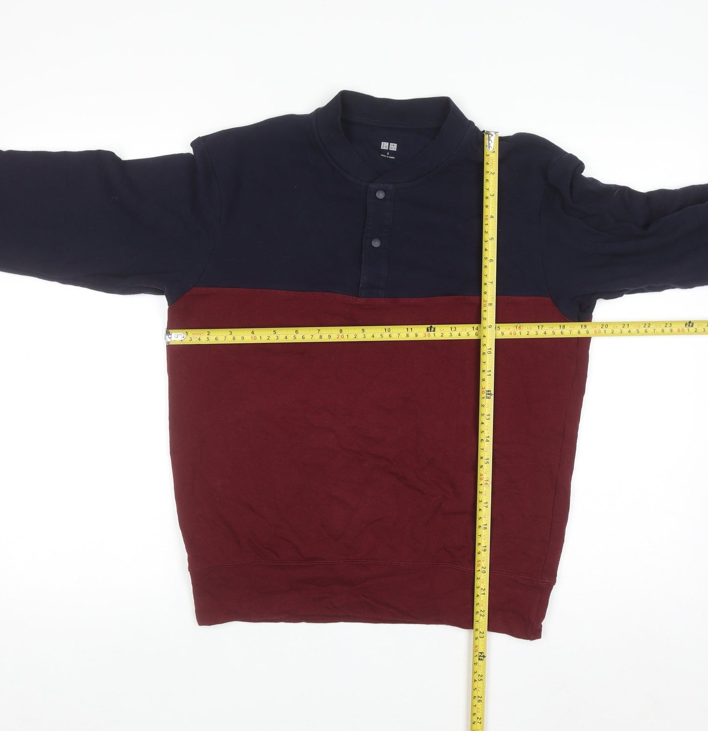 Uniqlo Men's Blue and Red Henley Sweatshirt Size S
