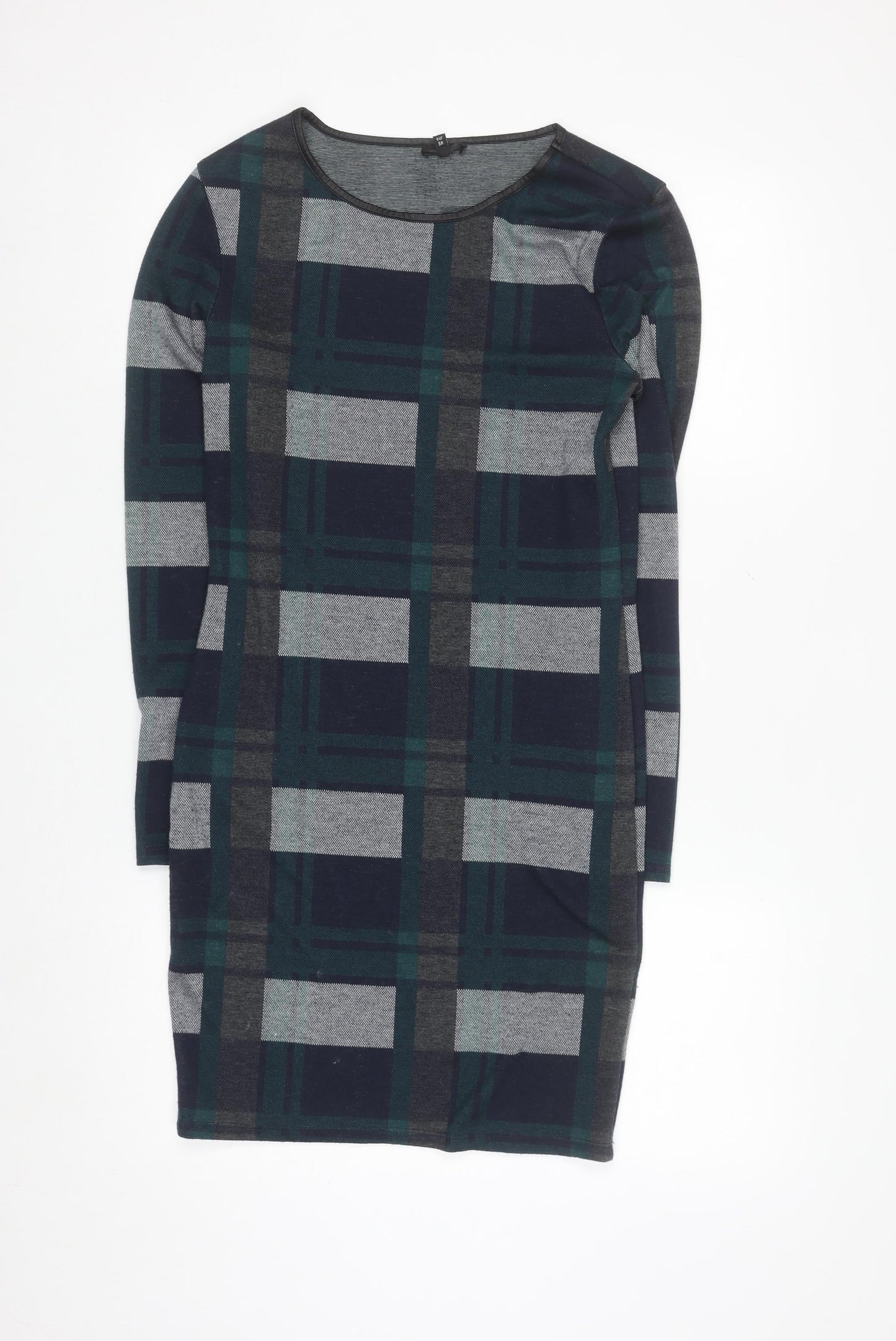 River Island Women's Green Check Long Sleeve Bodycon Dress Size 12