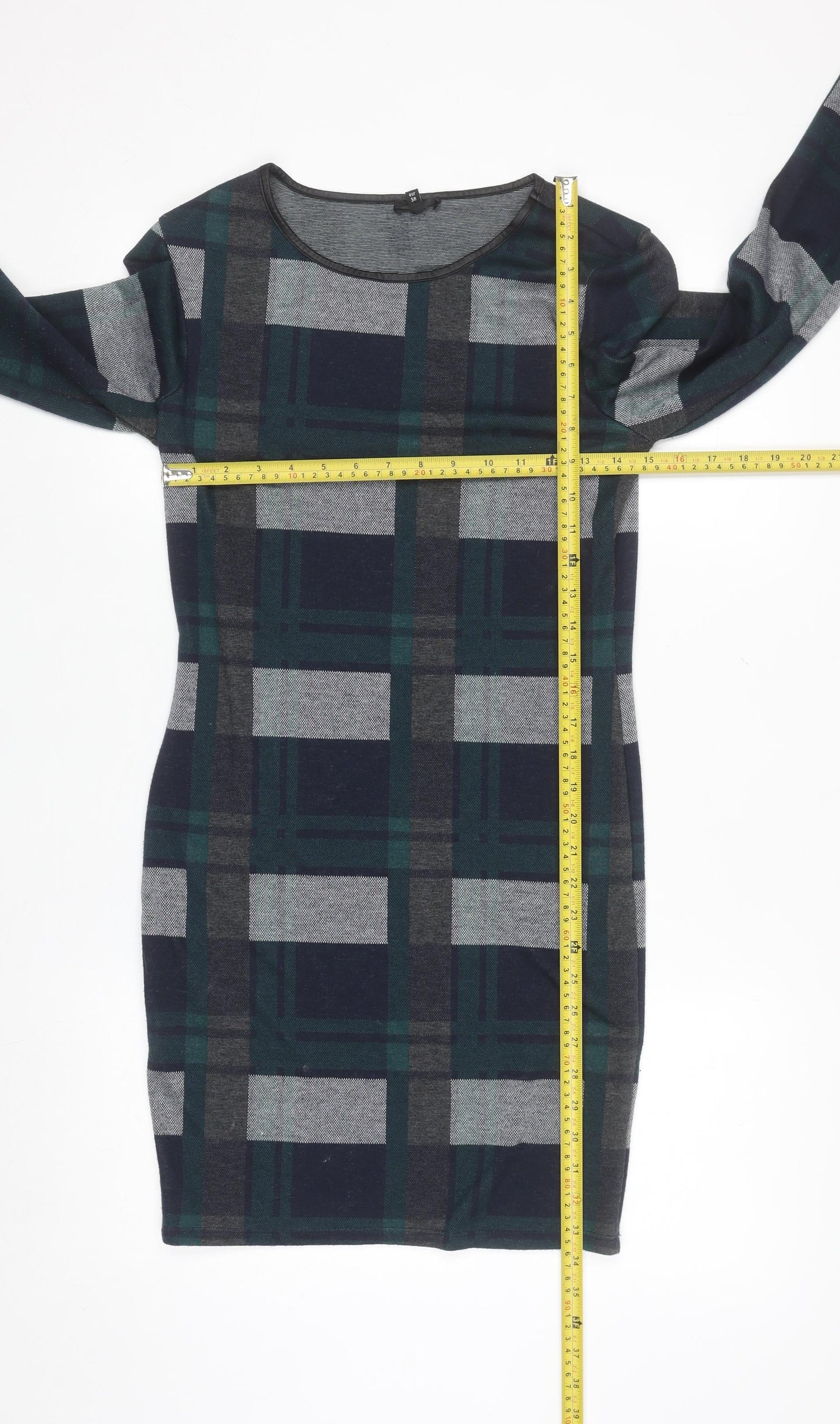 River Island Women's Green Check Long Sleeve Bodycon Dress Size 12