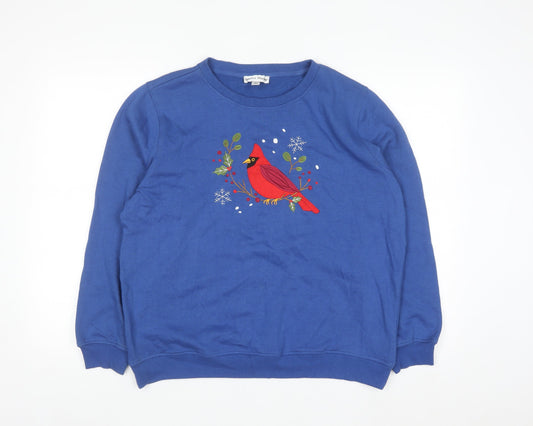 Rebecca Malone Women's Blue Pullover Sweatshirt L Cotton Blend Bird Motif