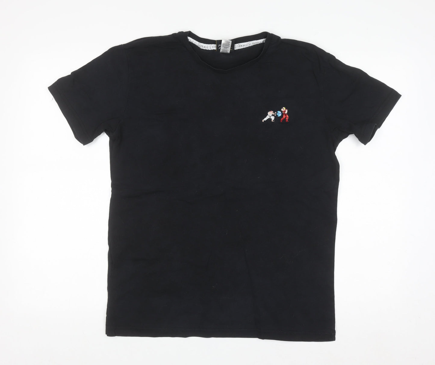 Percival Men's Black Embroidered Cartoon Crew Neck Cotton T-Shirt M