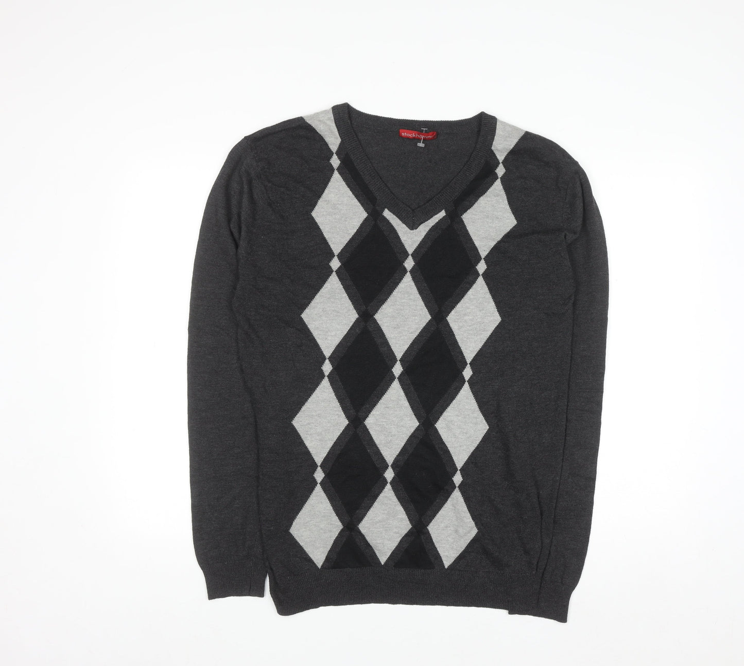 Stockhomme Men's Grey Argyle V-Neck Acrylic Jumper L