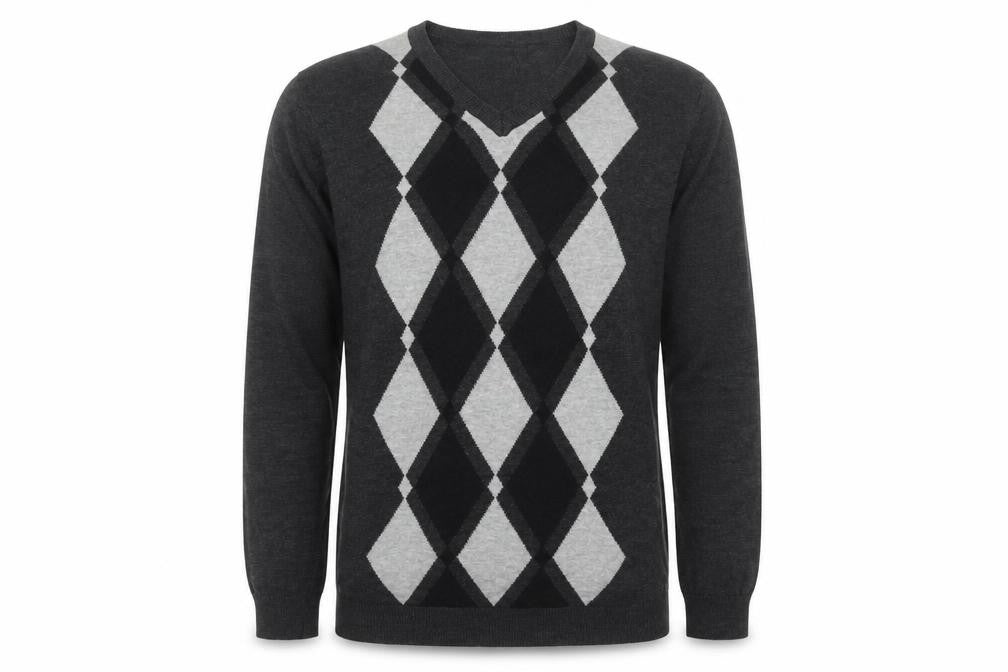 Stockhomme Men's Grey Argyle V-Neck Acrylic Jumper L