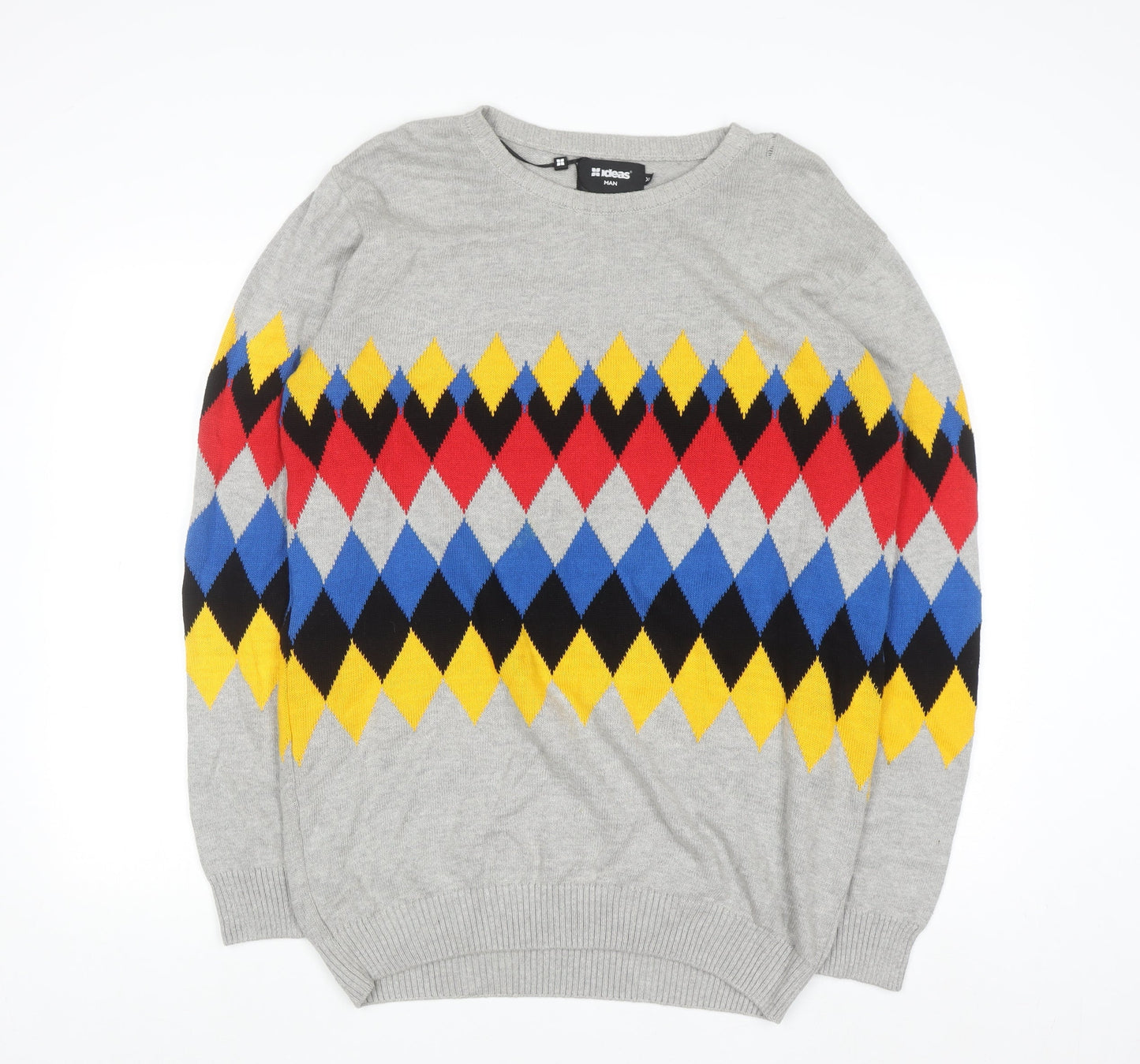 Ideas Men Grey Argyle Diamond Knit Cotton Jumper XL