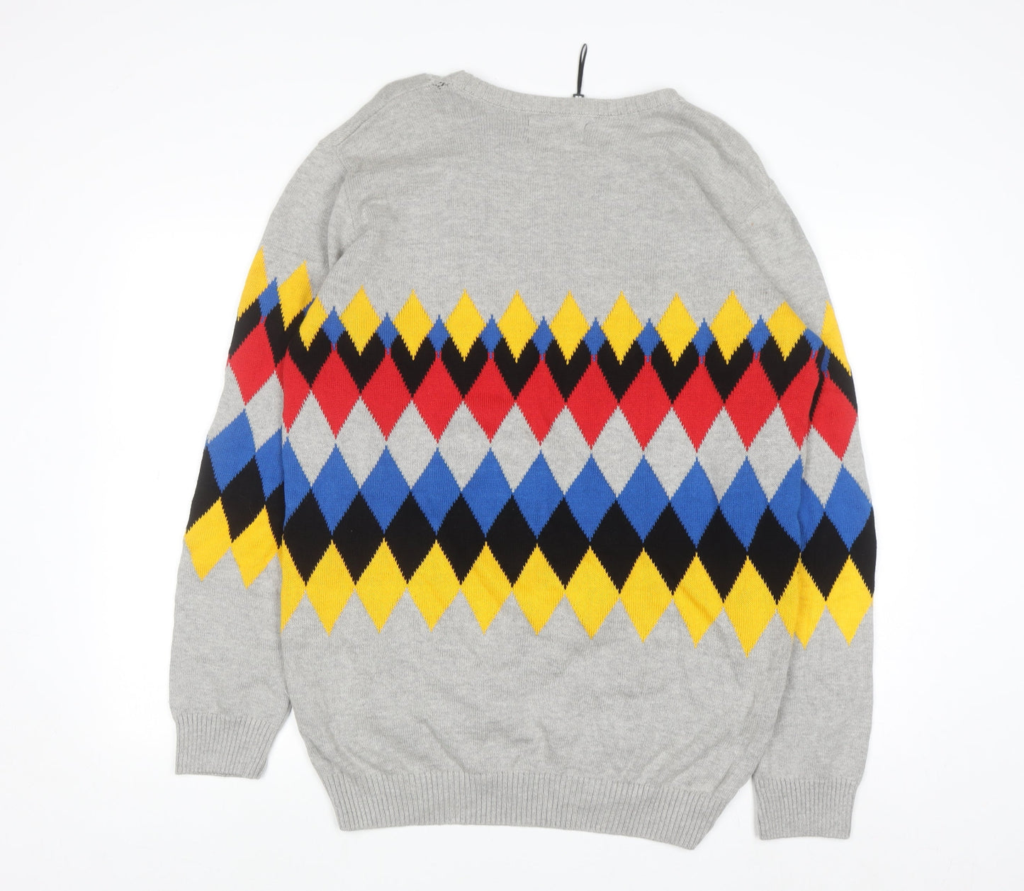 Ideas Men Grey Argyle Diamond Knit Cotton Jumper XL