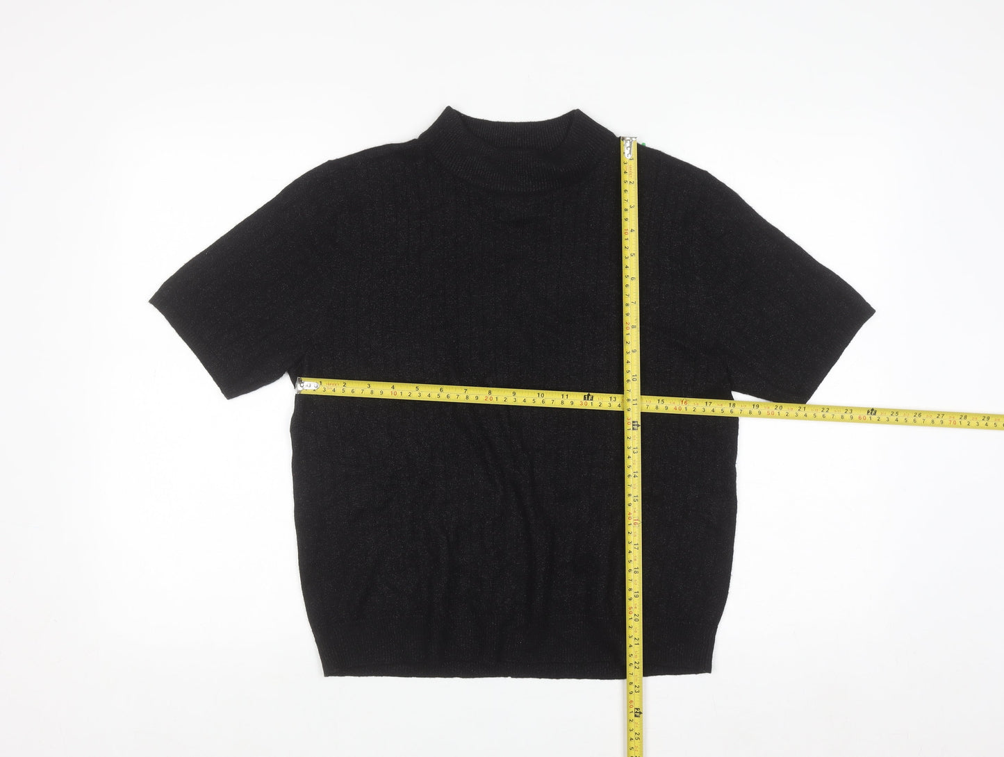 Sag Harbor Women Black Mock Neck Short Sleeve Petite Pullover Jumper M