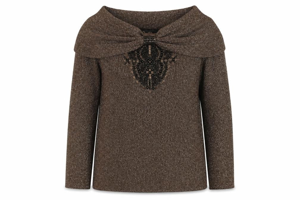 Christine Phillipe Womens Brown Beaded Boat Neck L Knit Jumper