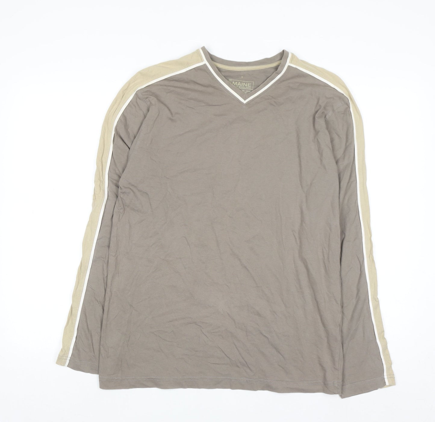 Maine New England Men's Small Beige Long Sleeve V-Neck Cotton Top
