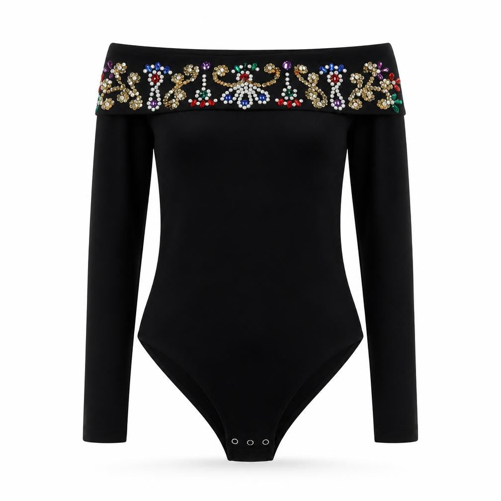CX & CO Women's Black Off Shoulder Beaded Bodysuit Size 8