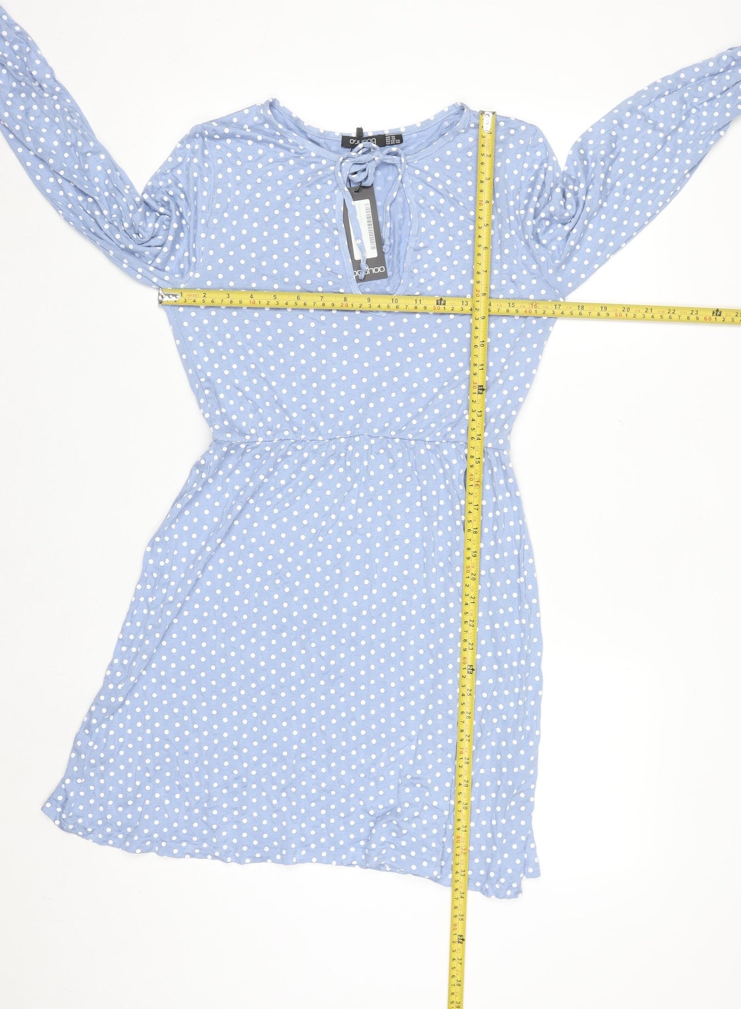Boohoo Women’s Blue Polka Dot Long Sleeve A-Line Dress Size 14