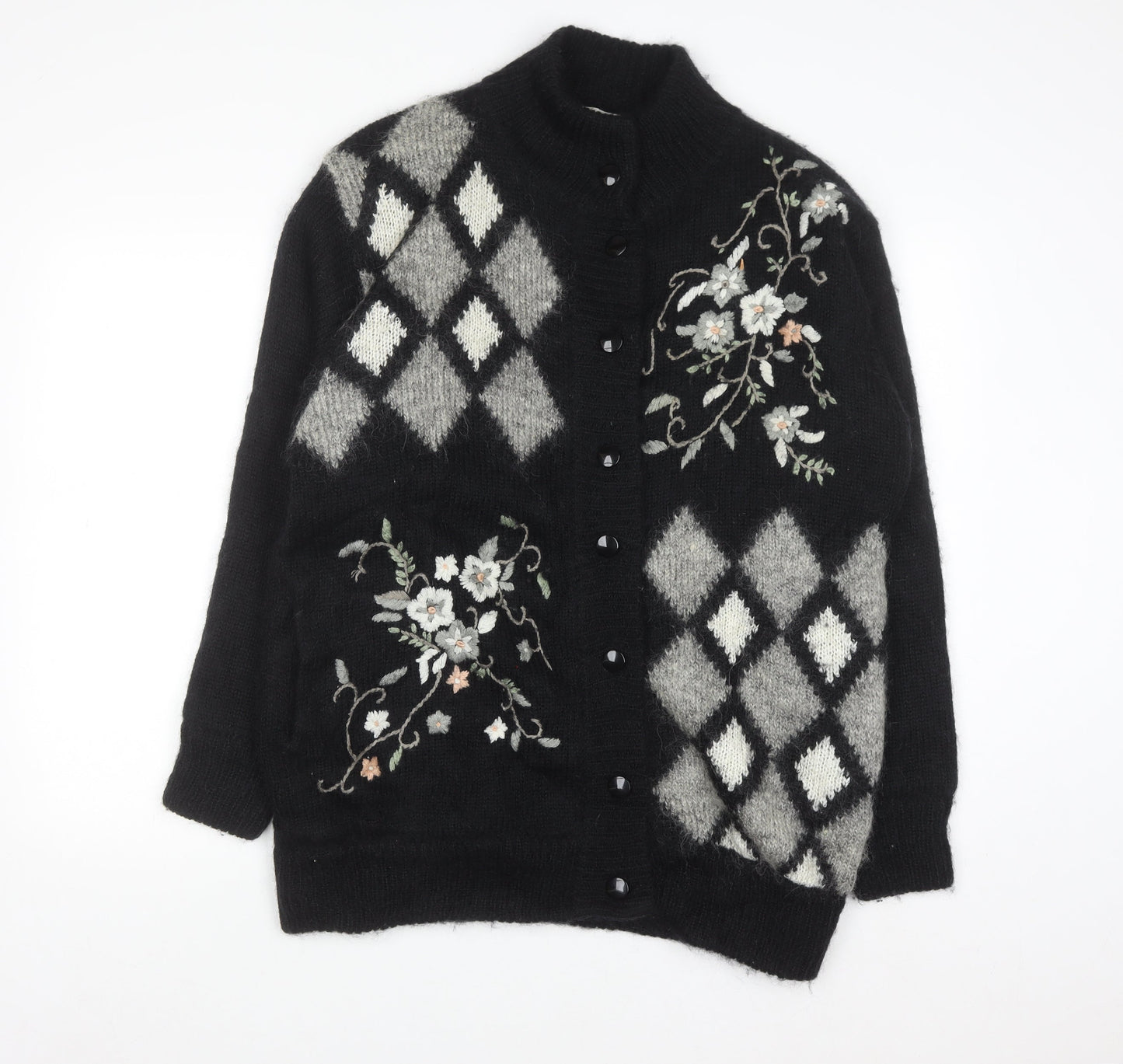 Affections Womens Black Argyle Floral Embroidered Knit Cardigan One Size
