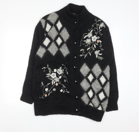 Affections Womens Black Argyle Floral Embroidered Knit Cardigan One Size