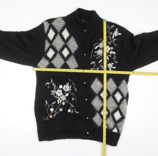 Affections Womens Black Argyle Floral Embroidered Knit Cardigan One Size