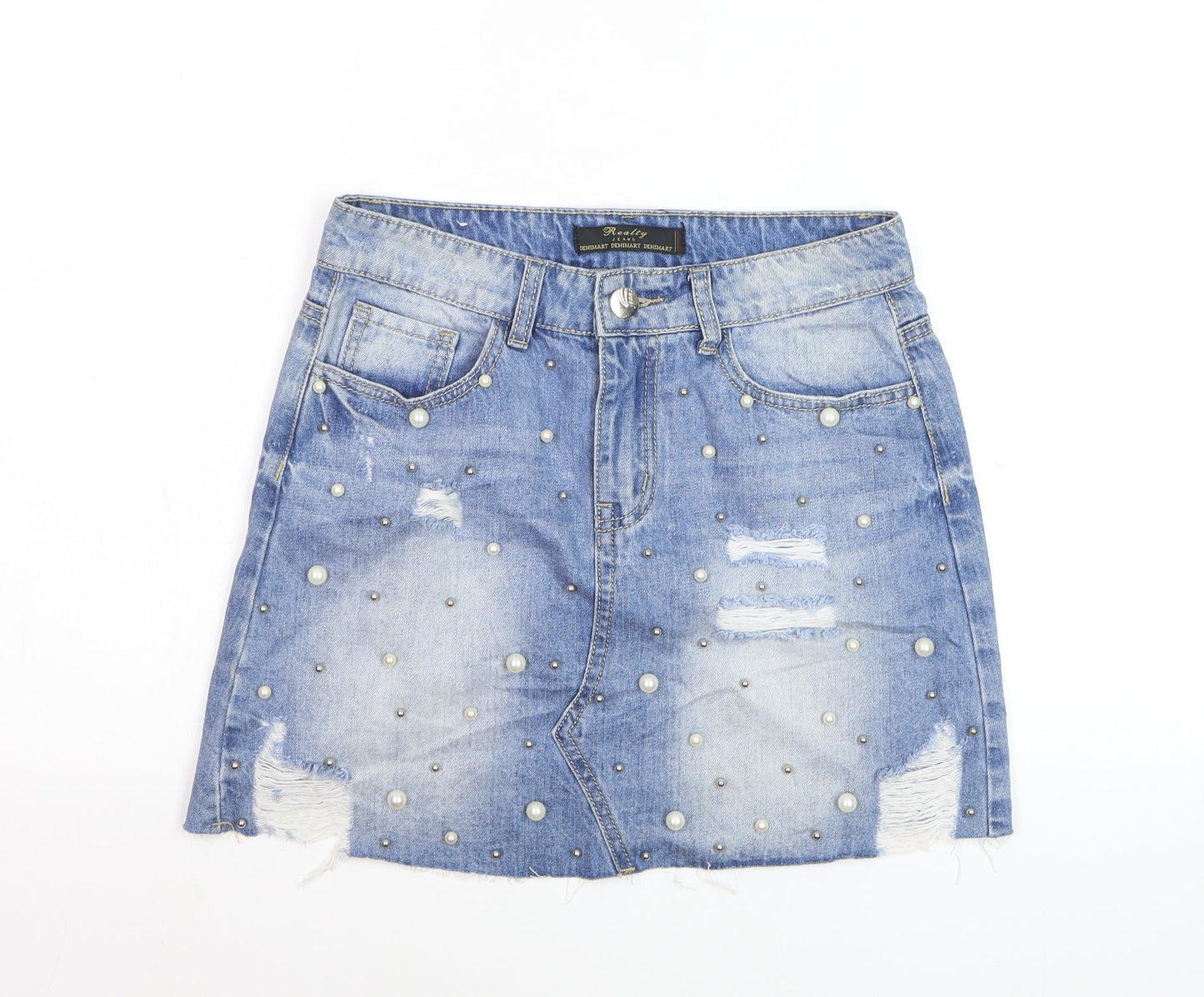 Realty Jeans Women Blue Mini Denim Skirt M Beaded Distressed Casual