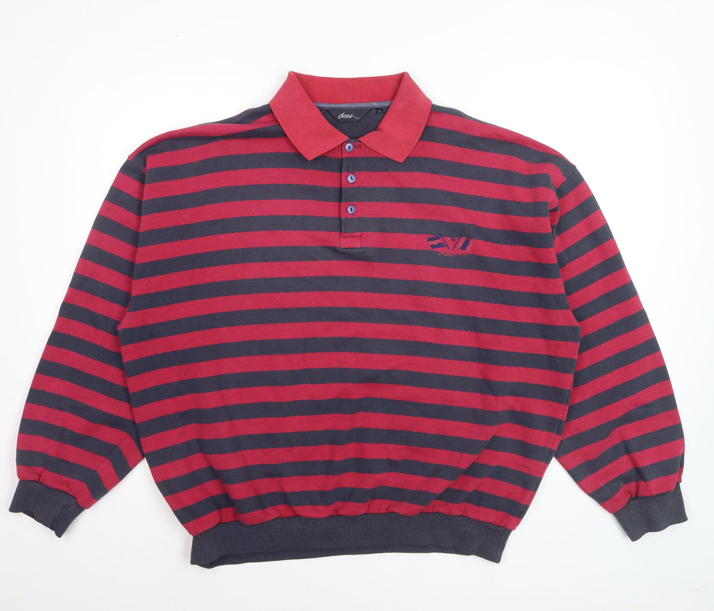 Dash Men's Red Navy Striped Long Sleeve Cotton Polo Shirt Size L
