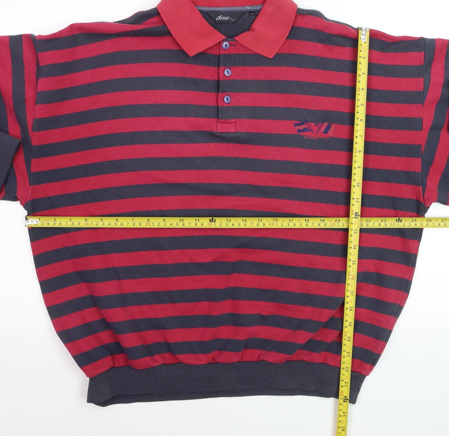 Dash Men's Red Navy Striped Long Sleeve Cotton Polo Shirt Size L