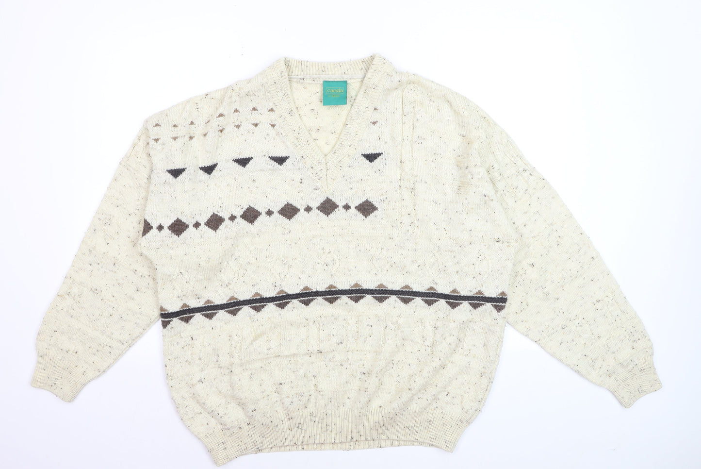 Canda Mens Beige Wool Blend Geometric V-Neck Jumper L