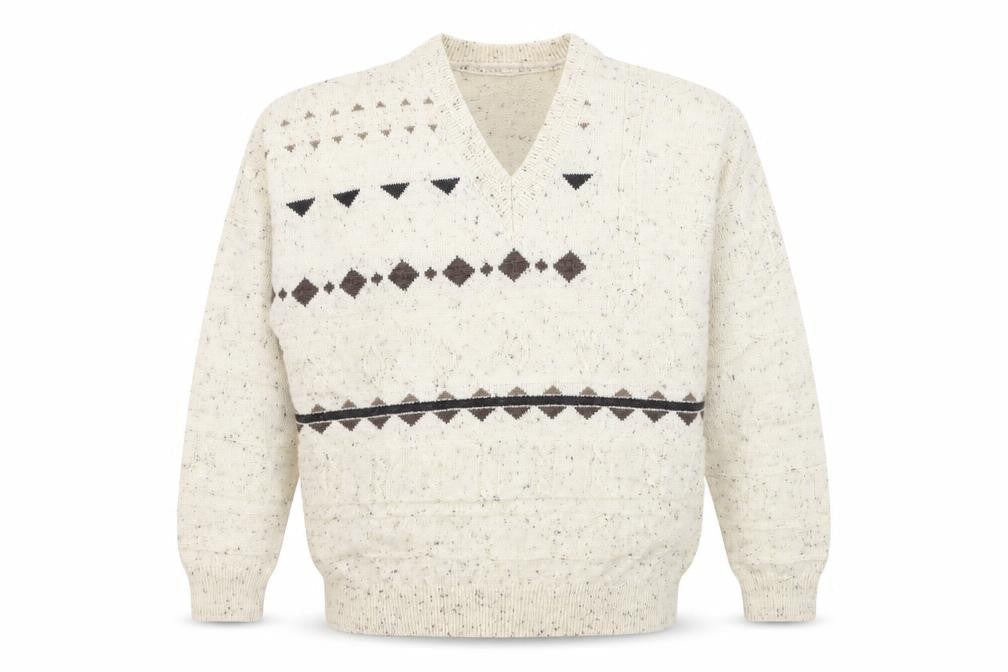 Canda Mens Beige Wool Blend Geometric V-Neck Jumper L