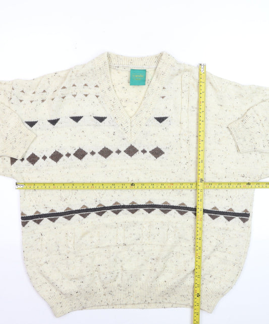 Canda Mens Beige Wool Blend Geometric V-Neck Jumper L