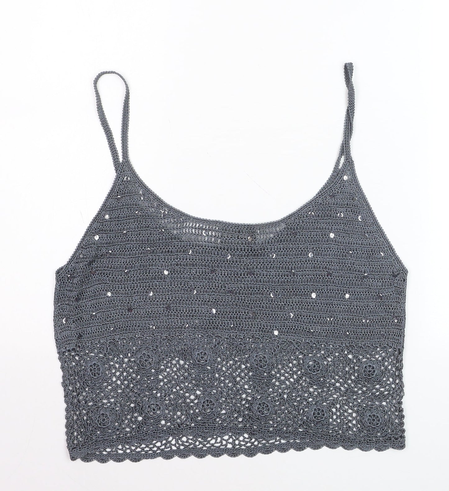 Caroll Women’s Grey Crochet Sequin Cropped Tank Top Size 16