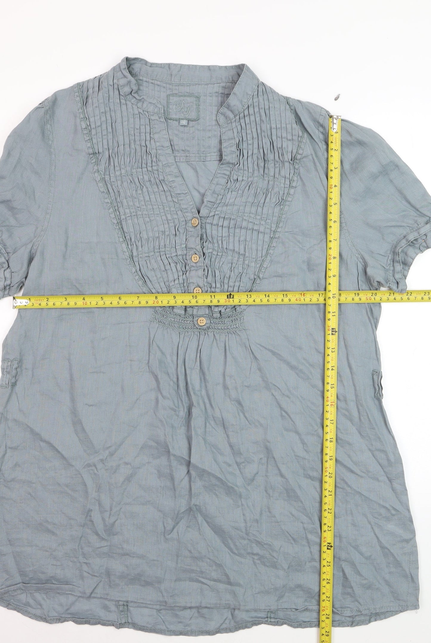 RJR Women Grey Linen Short Sleeve Tunic Blouse Size 18