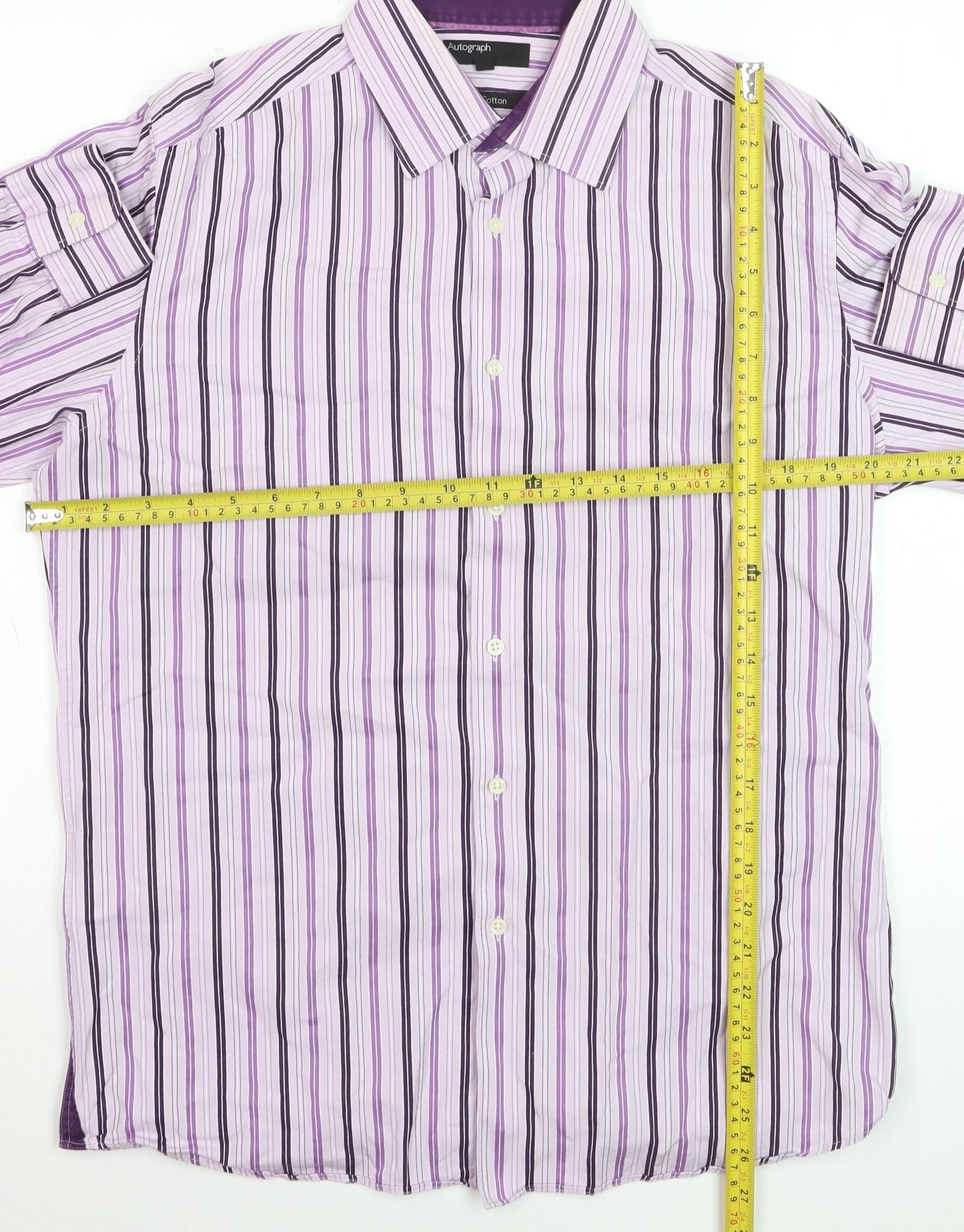 Marks and Spencer Autograph Men's Purple Striped Cotton Long Sleeve Shirt 15.5 Regular Fit