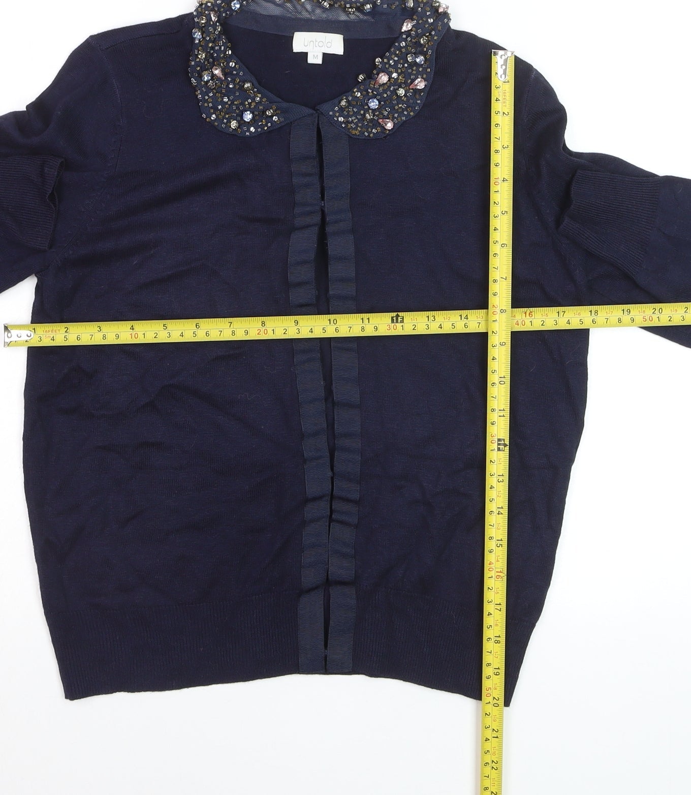 Untold Women's Blue Beaded Collared Long Sleeve Blouse M