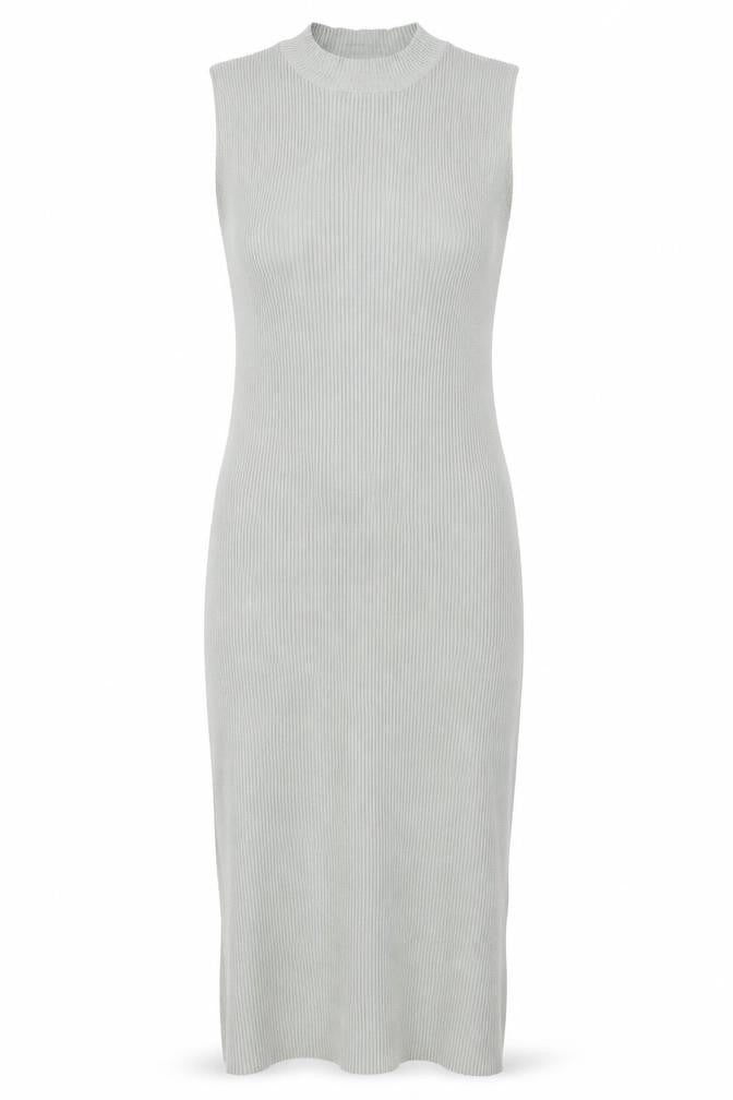 Front view of ASOS DESIGN Women’s Grey Sleeveless Ribbed Bodycon Midi Dress, size UK 6