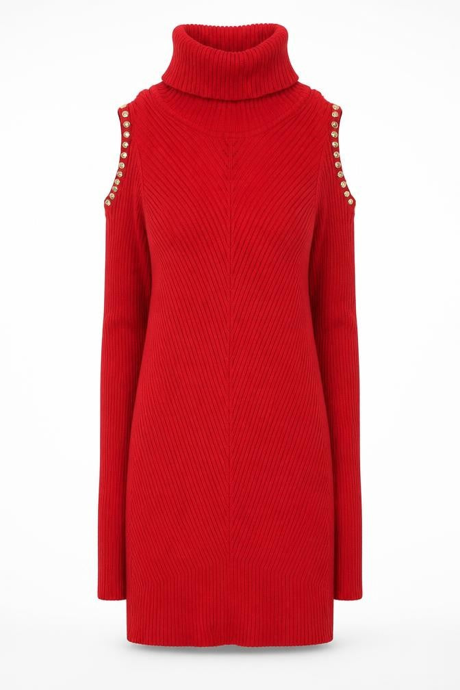 XOXO Womens Red Cold Shoulder Roll Neck Pullover Jumper Size L