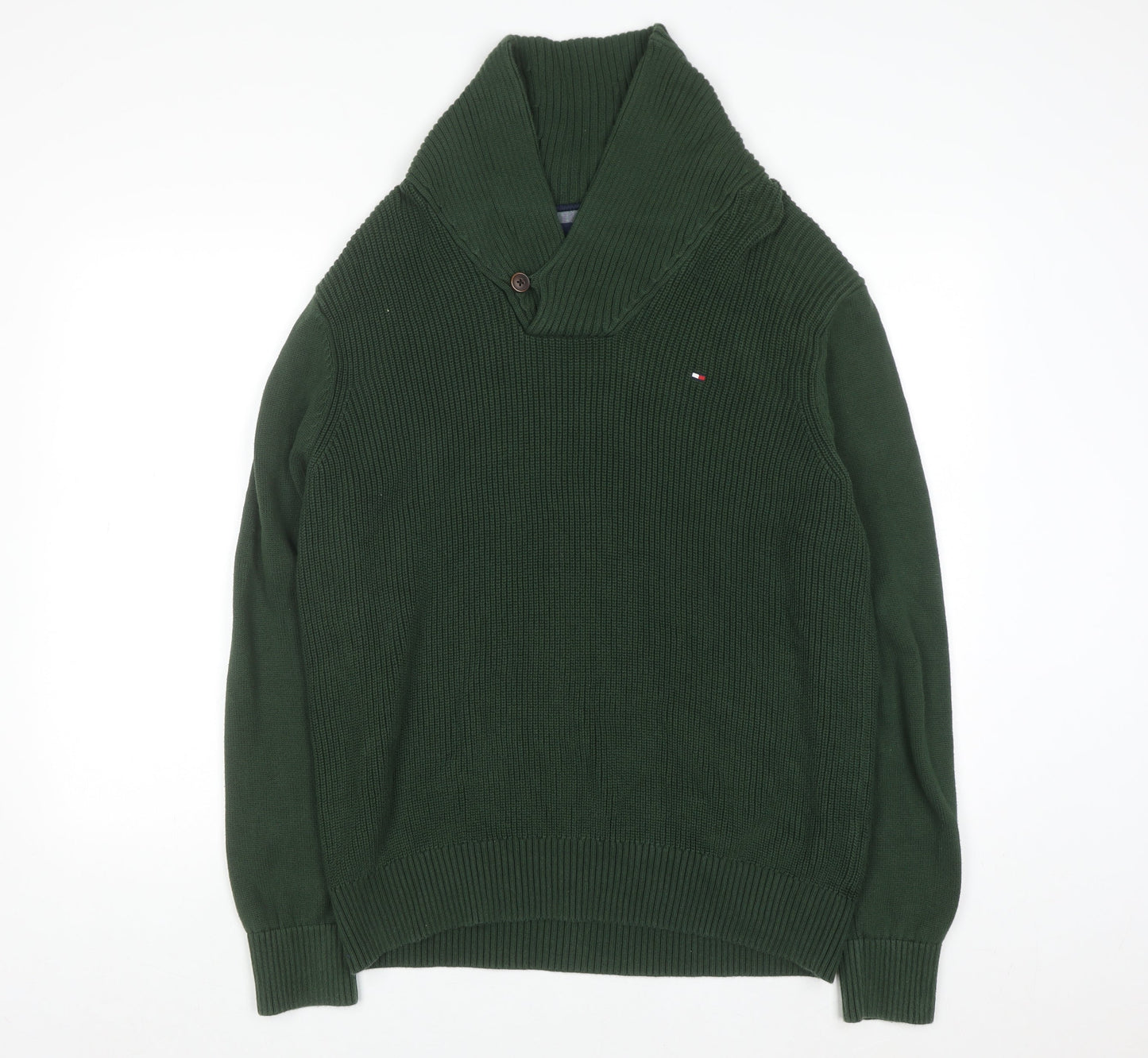Tommy Hilfiger Men's Green Cotton Collared Pullover Jumper L