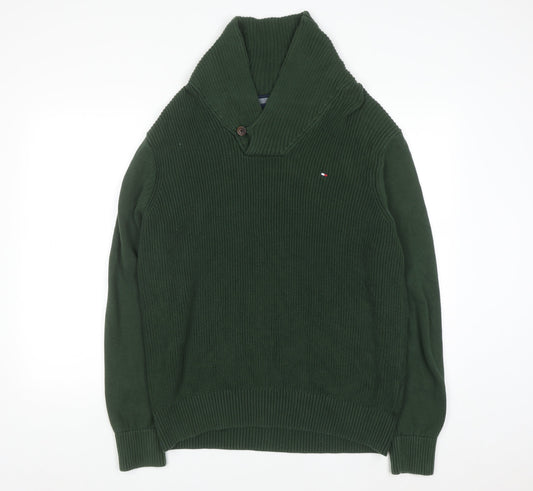 Tommy Hilfiger Men's Green Cotton Collared Pullover Jumper L