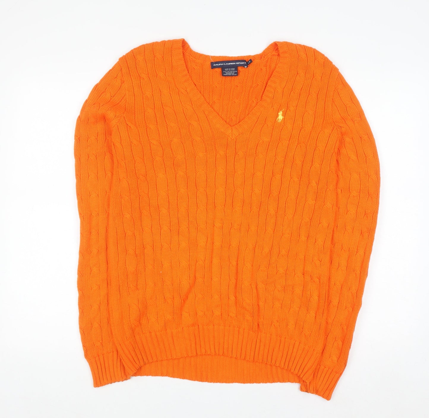 Ralph Lauren Sport Women's Orange Cable-Knit Cotton V-Neck Jumper L