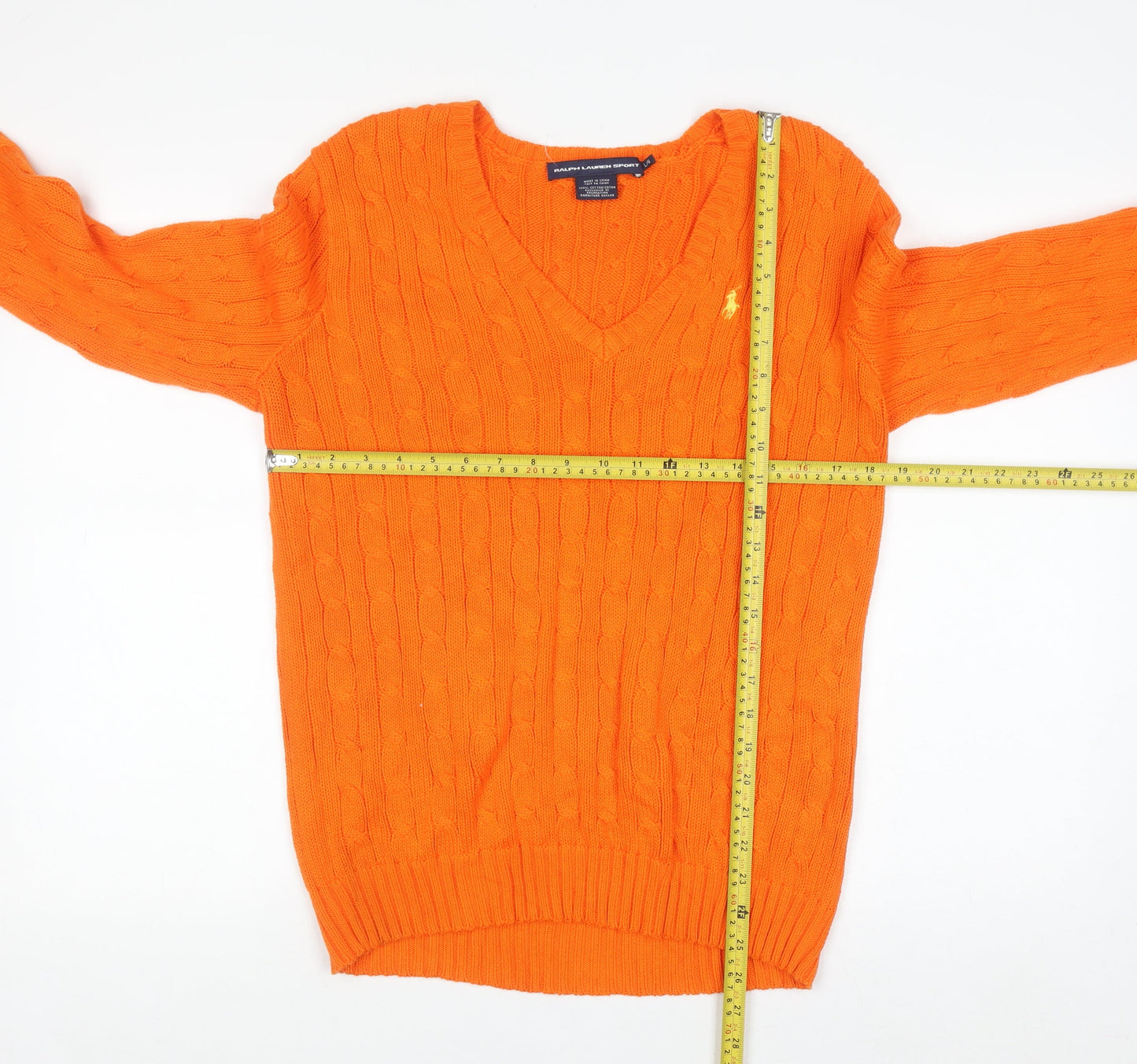 Ralph Lauren Sport Women's Orange Cable-Knit Cotton V-Neck Jumper L