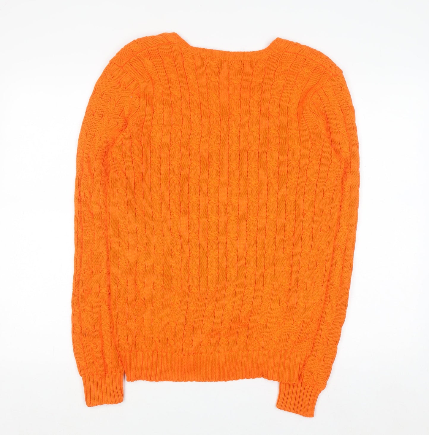 Ralph Lauren Sport Women's Orange Cable-Knit Cotton V-Neck Jumper L