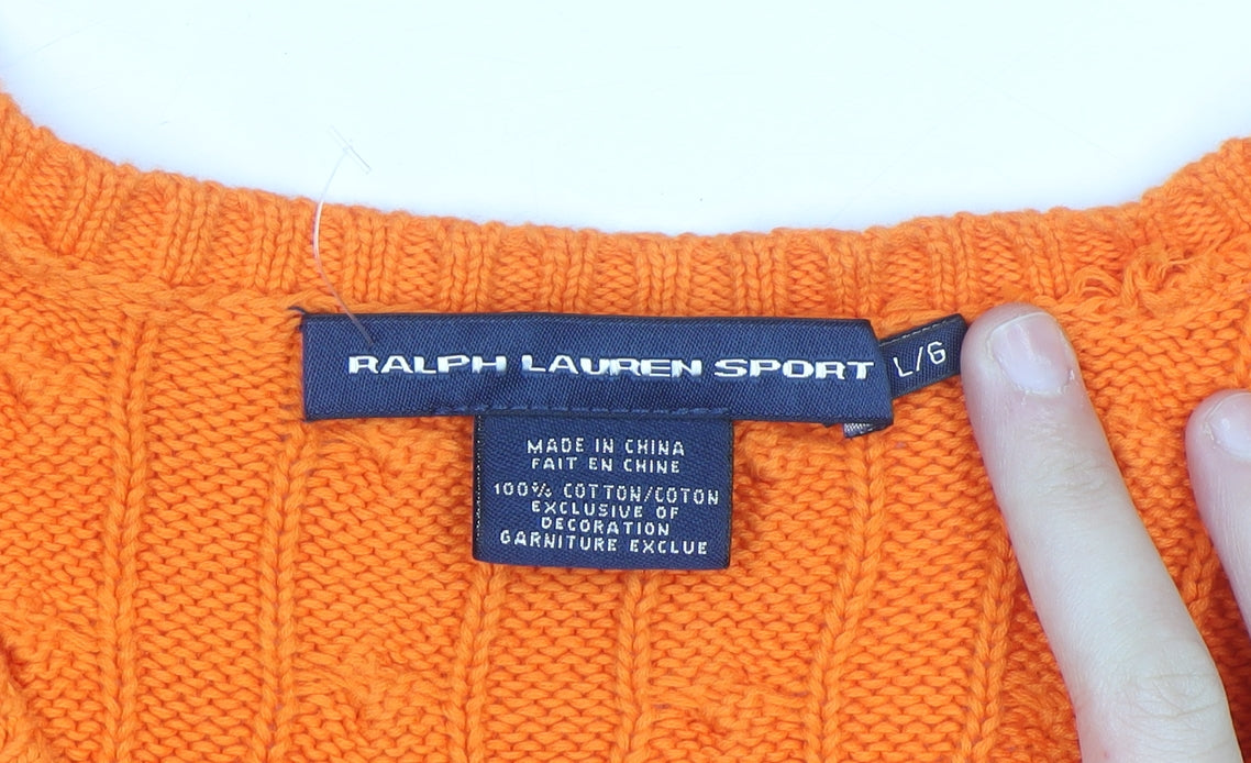 Ralph Lauren Sport Women's Orange Cable-Knit Cotton V-Neck Jumper L