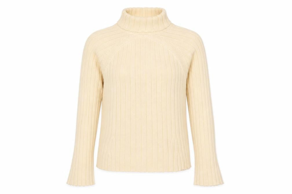 Jeanne Pierre Women Beige Ribbed High Neck Cotton Jumper L