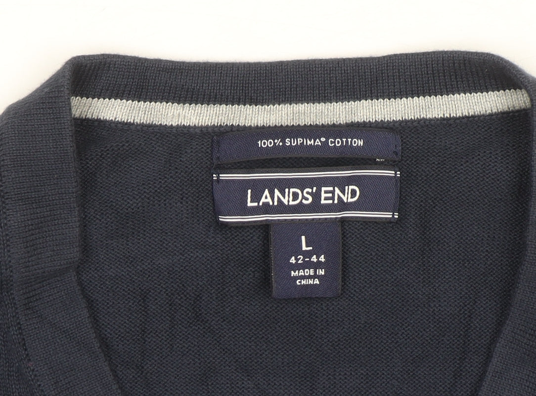 Lands' End Men's Blue Cotton V-Neck Sleeveless Vest L