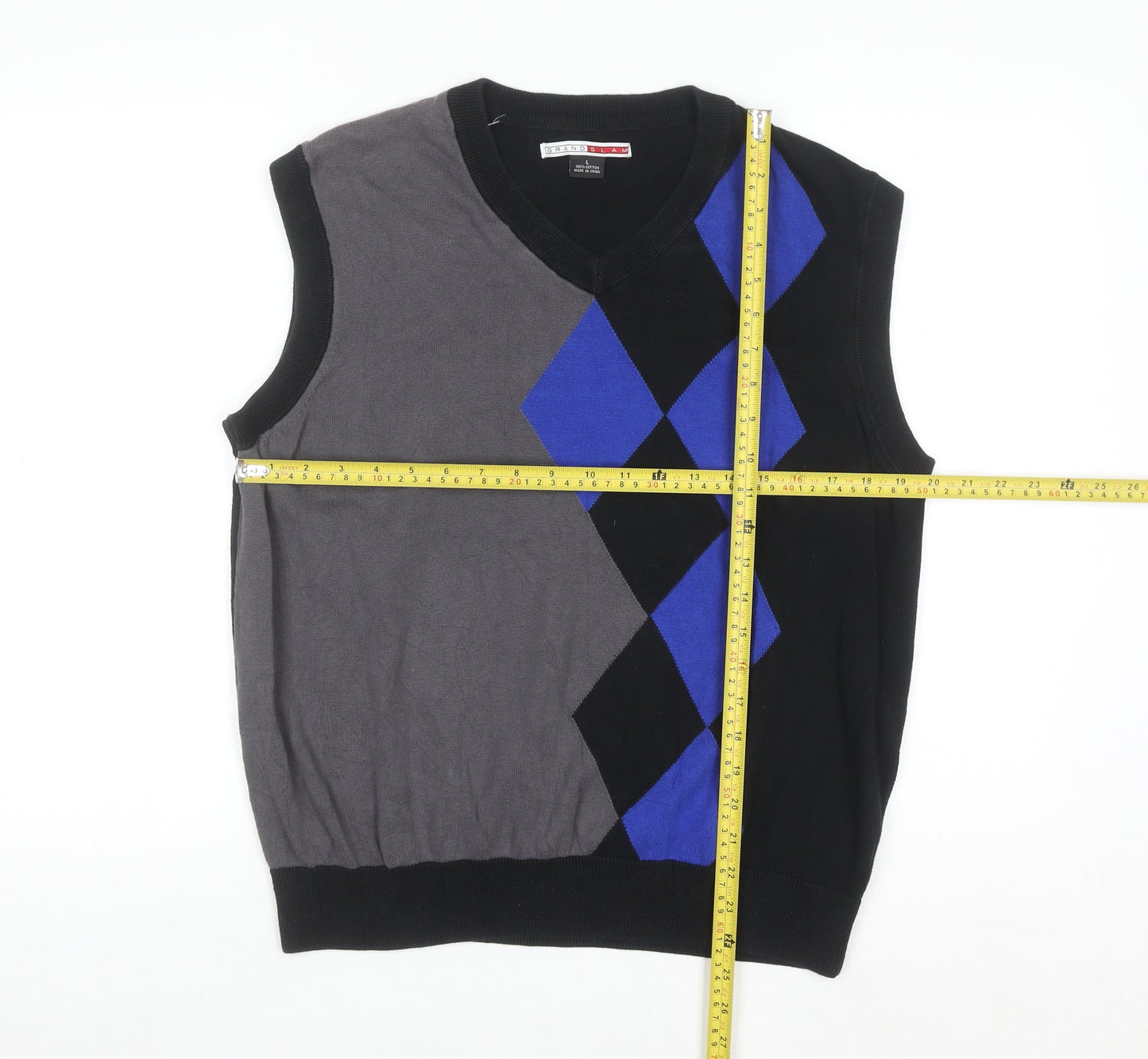 Grand Slam Men's Black Argyle Cotton V-Neck Sweater Vest Size L