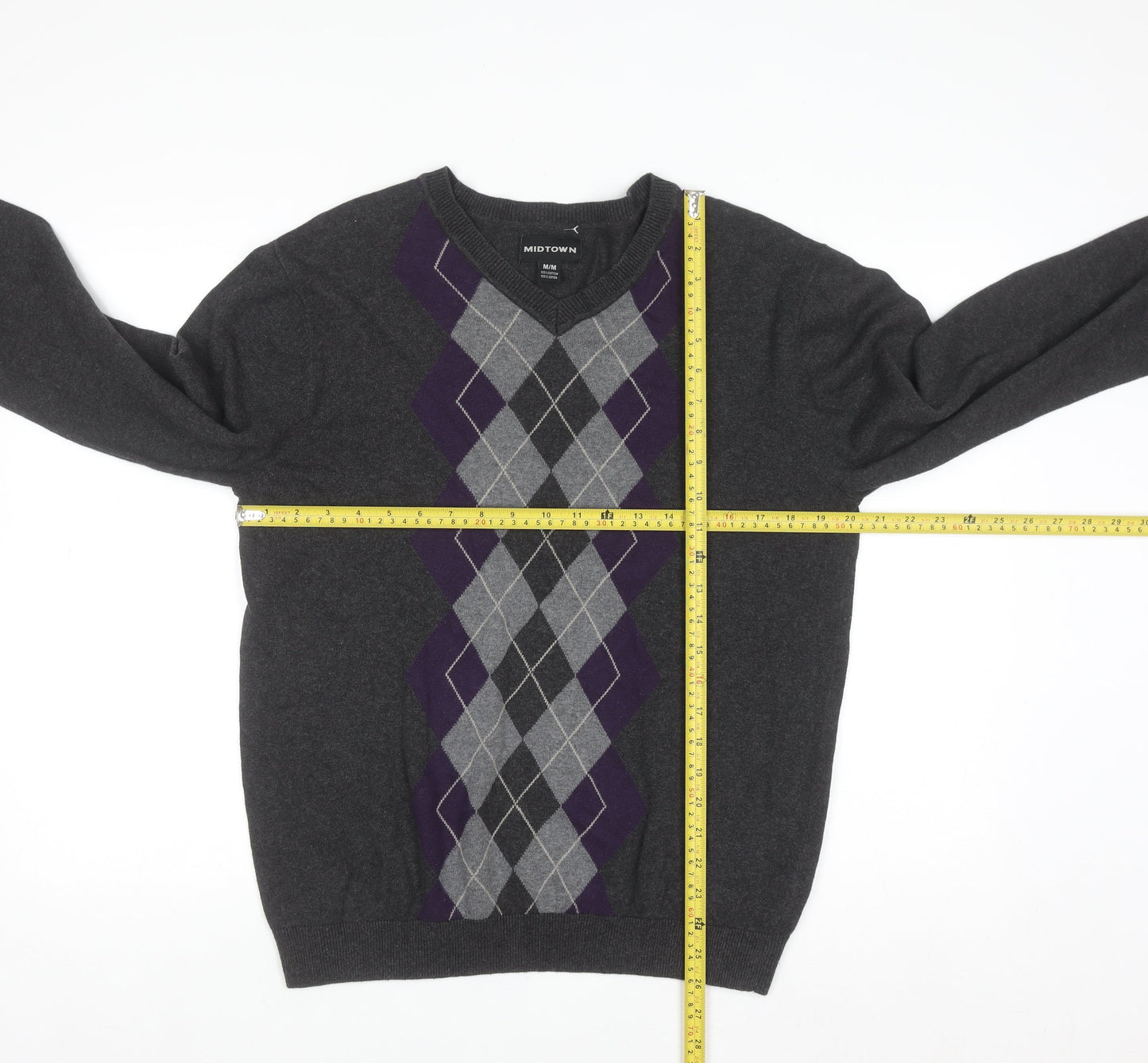 Midtown Men's Grey Argyle V-Neck Cotton Jumper Size M Classic Knit