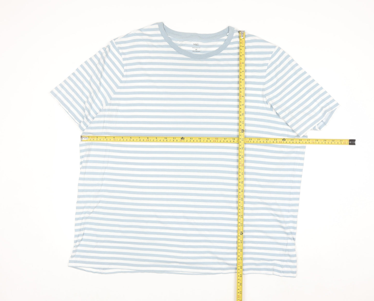 Marks and Spencer Men's Blue Striped 4XL Regular Fit Cotton T-Shirt