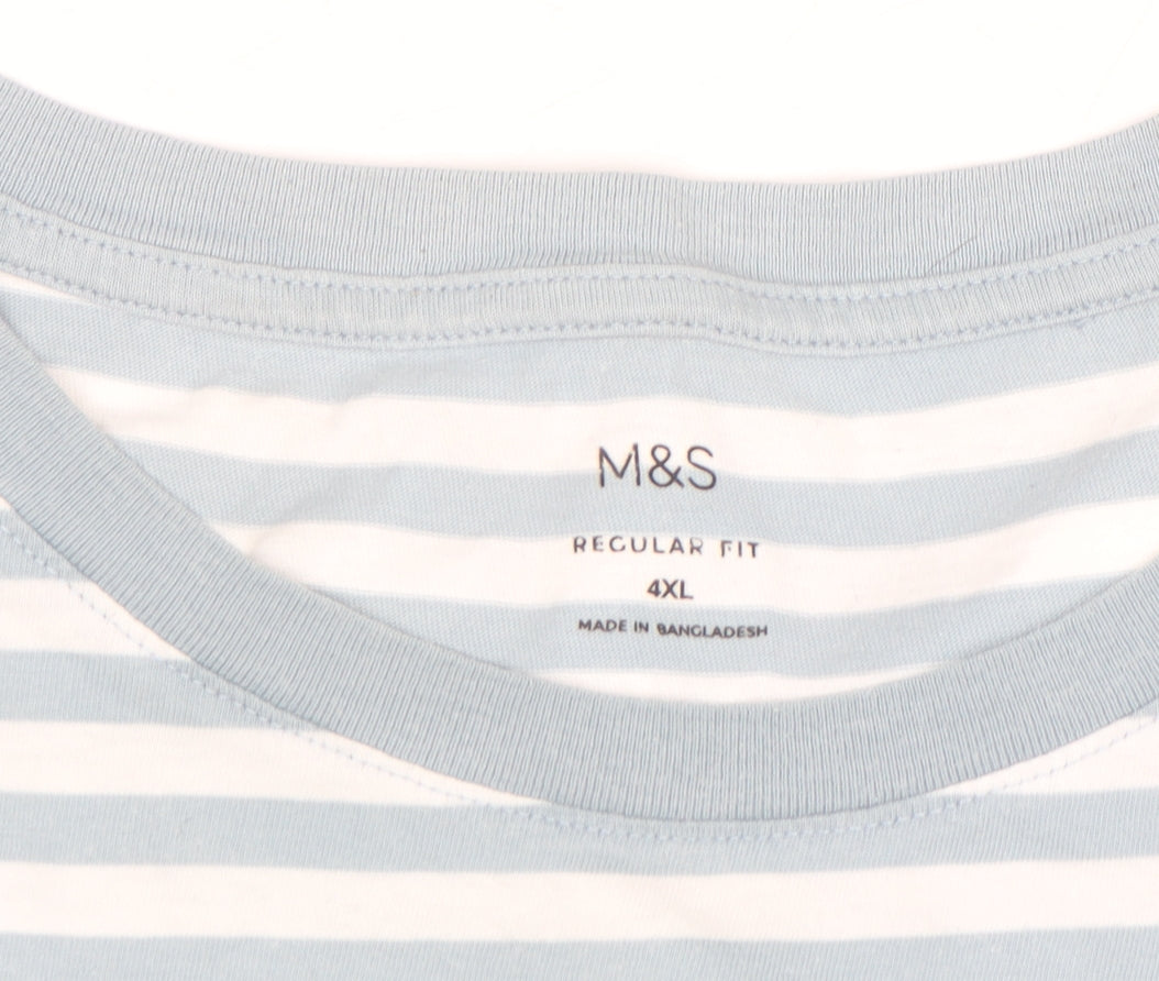 Marks and Spencer Men's Blue Striped 4XL Regular Fit Cotton T-Shirt