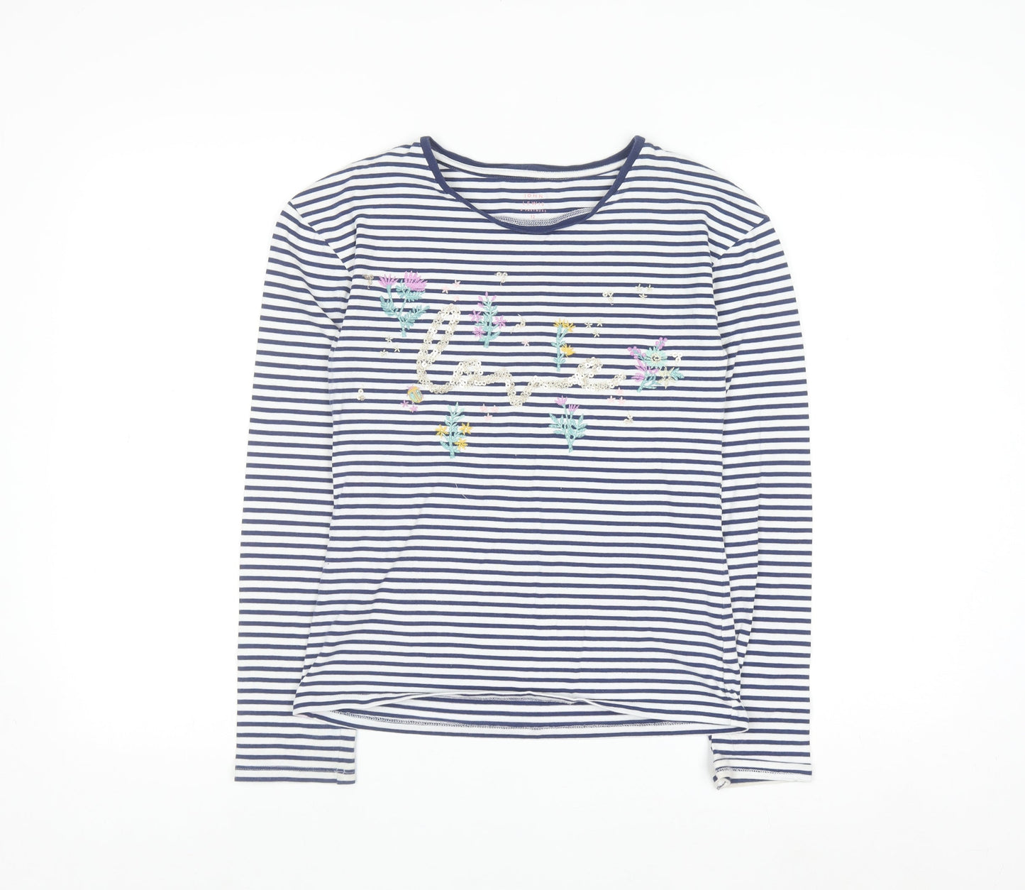John Lewis Girls Navy Striped Long Sleeve T-Shirt Age 12 Embroidered Floral Top