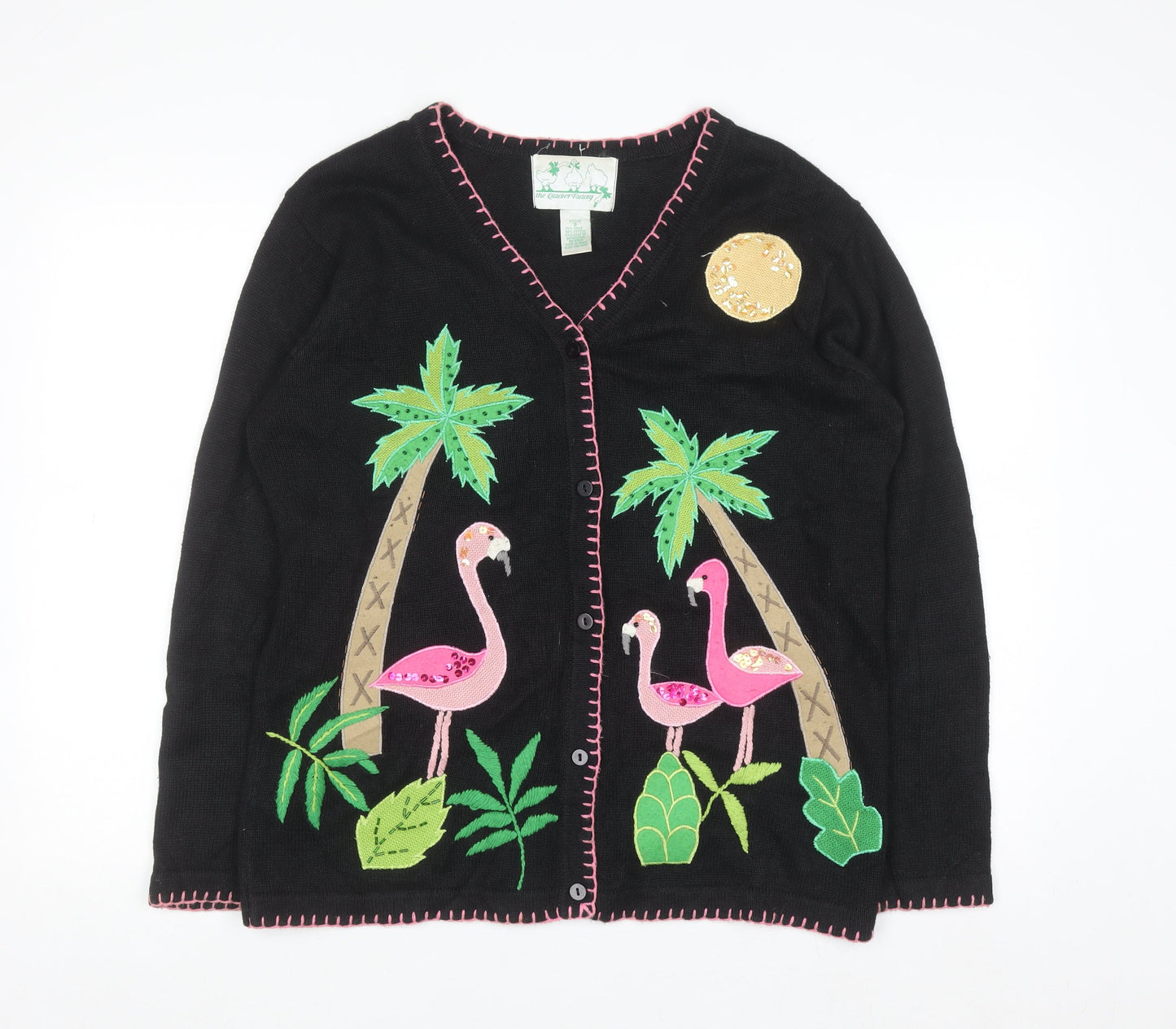 The Quacker Factory Women's Black Flamingo Tropical Cardigan Size S